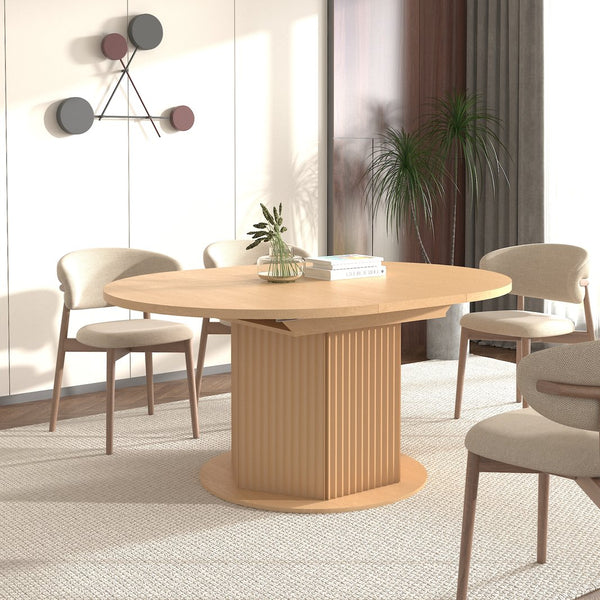 English Elm Round Adjustable Dining Table 47–63" for 4–6, Light Brown MDF & Rubberwood, Bump-Texture Base, 300lb Capacity W1347P296655