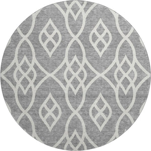 HomeRoots 8' Gray and Ivory Trellis Washable Round Rug - Durable, Stylish, UV Protected for Busy Homes & Kids 670264