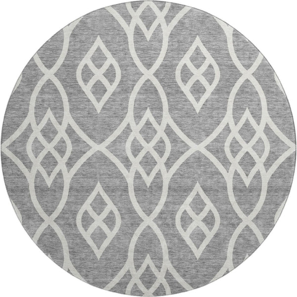 HomeRoots 8' Gray and Ivory Trellis Washable Round Rug - Durable, Stylish, UV Protected for Busy Homes & Kids 670264