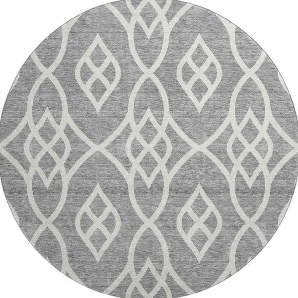 HomeRoots 8' Gray and Ivory Trellis Washable Round Rug - Durable, Stylish, UV Protected for Busy Homes & Kids 670264