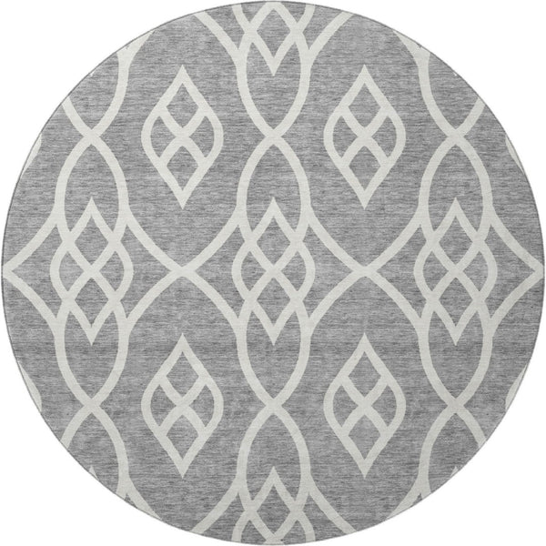 HomeRoots 8' Gray and Ivory Trellis Washable Round Rug - Durable, Stylish, UV Protected for Busy Homes & Kids 670264