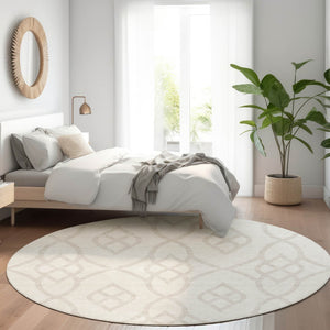 HomeRoots 8' Ivory and Beige Trellis Round Rug - Durable, Washable, UV-Protected for Elegant Living Spaces 670270