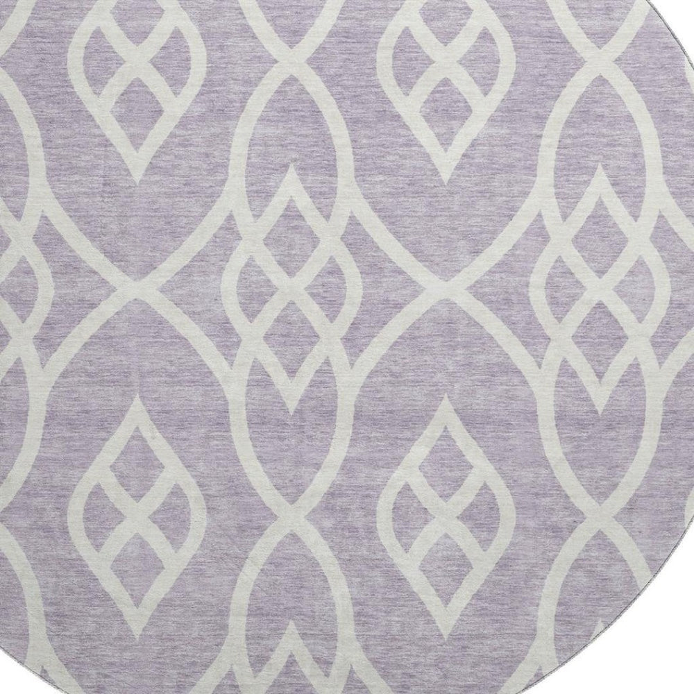 HomeRoots 8' Elegant Lavender & Ivory Trellis Round Rug - Washable, UV Protected, Durable for Families & Pets 670276