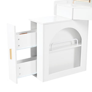 English Elm Corner Makeup Vanity Desk with 360° Rotating LED Mirror, Adjustable Brightness, L-Shaped Corner Design and Pull-Out Storage for Small Spaces White N844P263663A