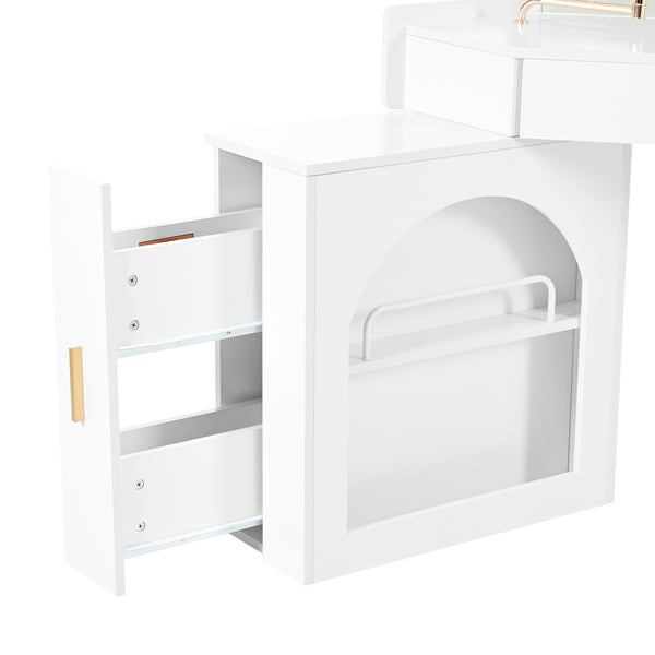 English Elm Corner Makeup Vanity Desk with 360° Rotating LED Mirror, Adjustable Brightness, L-Shaped Corner Design and Pull-Out Storage for Small Spaces White N844P263663A