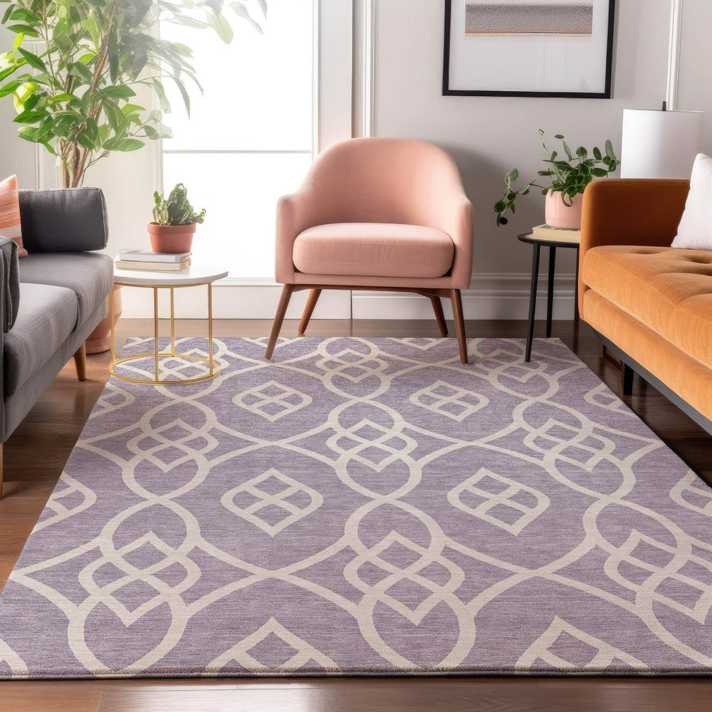 HomeRoots 9' X 12' Elegant Lavender & Ivory Trellis Area Rug – Washable, UV Protection, Stain-Resistant Design! 670278