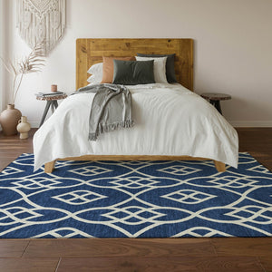 HomeRoots 5' Navy Blue & Ivory Trellis Area Rug - Washable, UV Protected, Stain-Resistant for Indoor/Outdoor Use 670281
