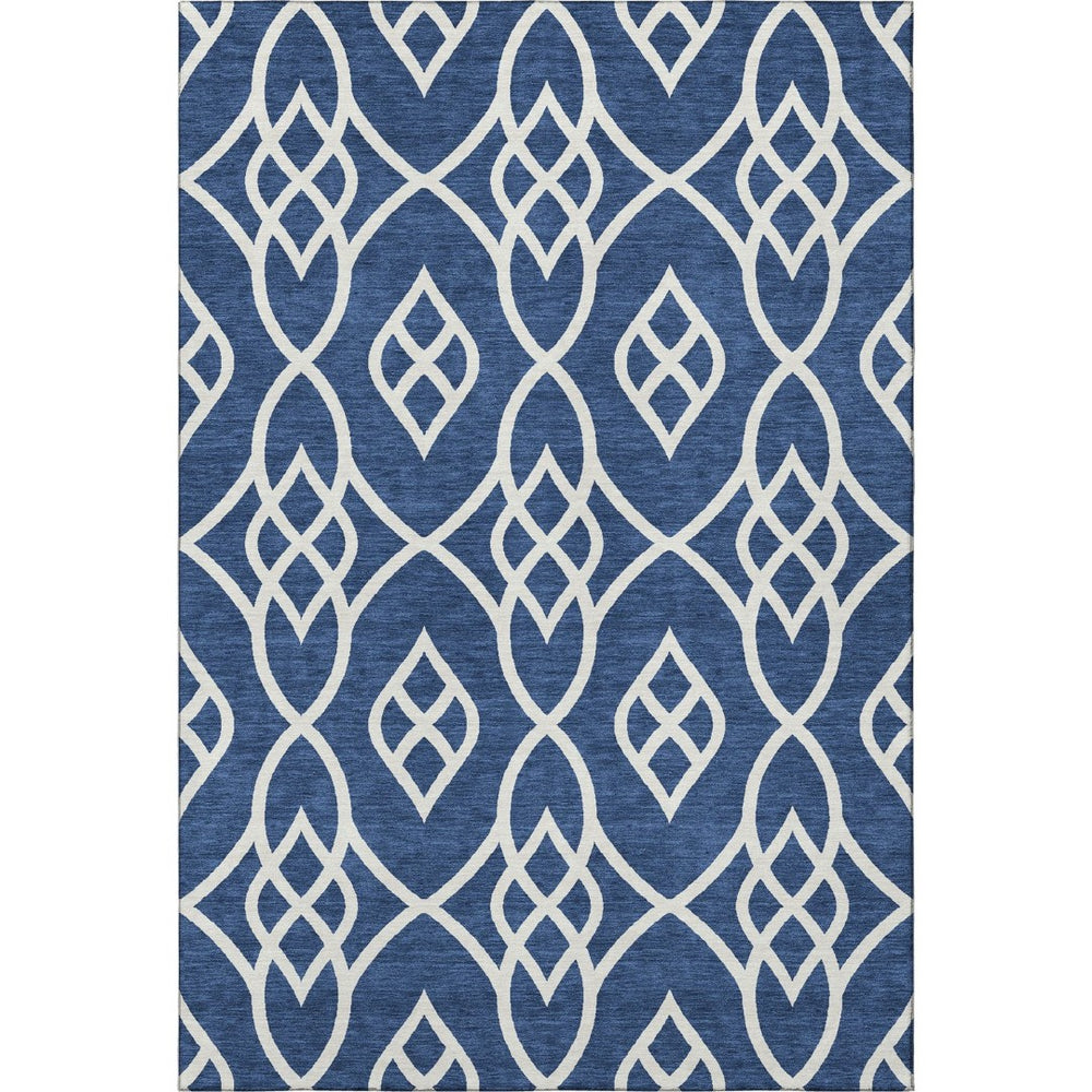 HomeRoots 5' Navy Blue & Ivory Trellis Area Rug - Washable, UV Protected, Stain-Resistant for Indoor/Outdoor Use 670281