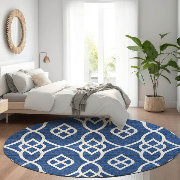 HomeRoots 8' Navy Blue and Ivory Trellis Round Rug with UV Protection - Durable, Washable, and Stylish Decor Centerpiece 670282