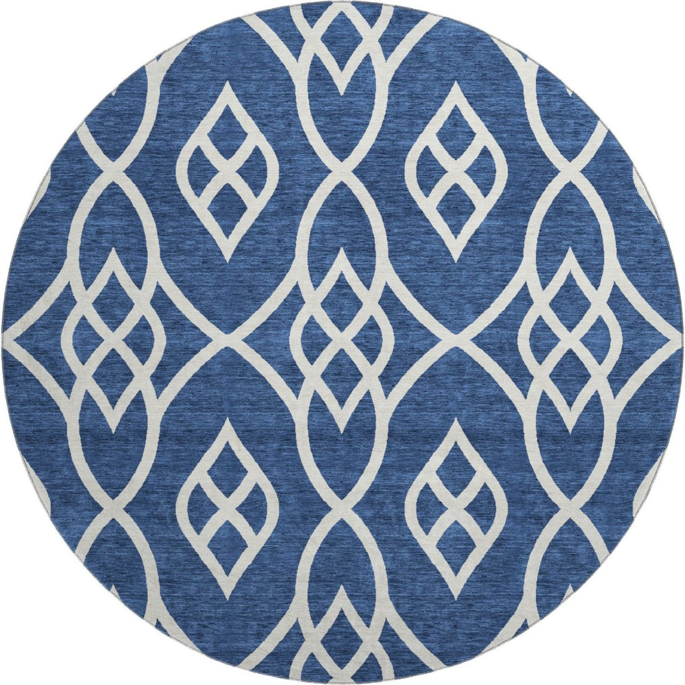 HomeRoots 8' Navy Blue and Ivory Trellis Round Rug with UV Protection - Durable, Washable, and Stylish Decor Centerpiece 670282