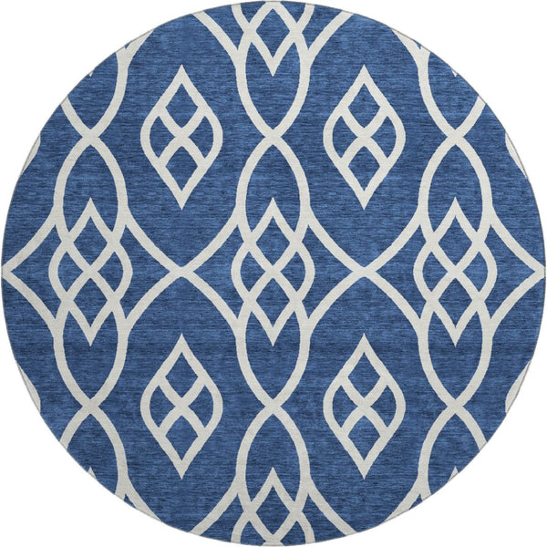 HomeRoots 8' Navy Blue and Ivory Trellis Round Rug with UV Protection - Durable, Washable, and Stylish Decor Centerpiece 670282