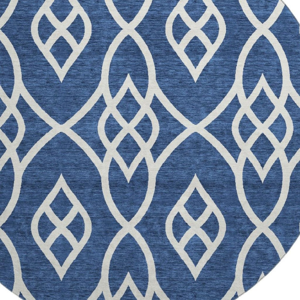 HomeRoots 8' Navy Blue and Ivory Trellis Round Rug with UV Protection - Durable, Washable, and Stylish Decor Centerpiece 670282