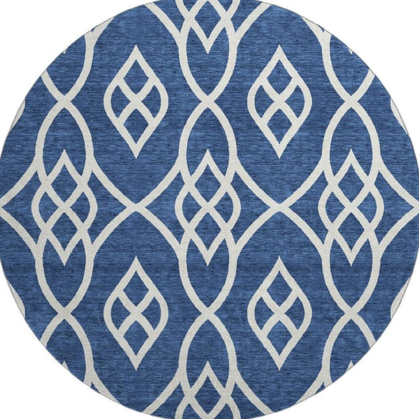 HomeRoots 8' Navy Blue and Ivory Trellis Round Rug with UV Protection - Durable, Washable, and Stylish Decor Centerpiece 670282
