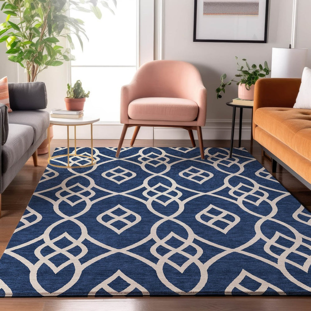 HomeRoots 8' X 10' Navy Blue & Ivory Trellis Area Rug - Durable, Stain-Resistant, UV Protected for All Spaces 670283