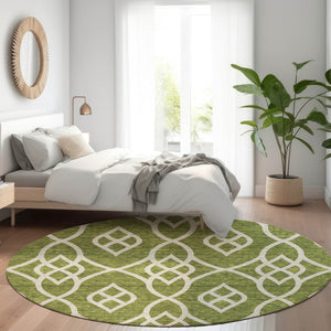 HomeRoots 8' Olive Green Trellis Round Rug - Washable, UV Protected, Durable & Stylish for Indoor/Outdoor Use 670288