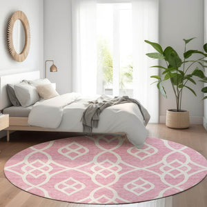 HomeRoots 8' Pink and Ivory Trellis Round Rug - Washable, Stain-Resistant, UV Protected for Stylish Living Spaces 670294