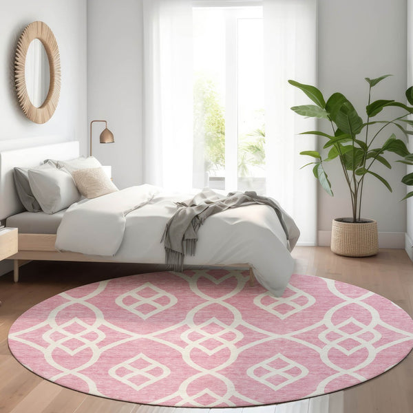 HomeRoots 8' Pink and Ivory Trellis Round Rug - Washable, Stain-Resistant, UV Protected for Stylish Living Spaces 670294