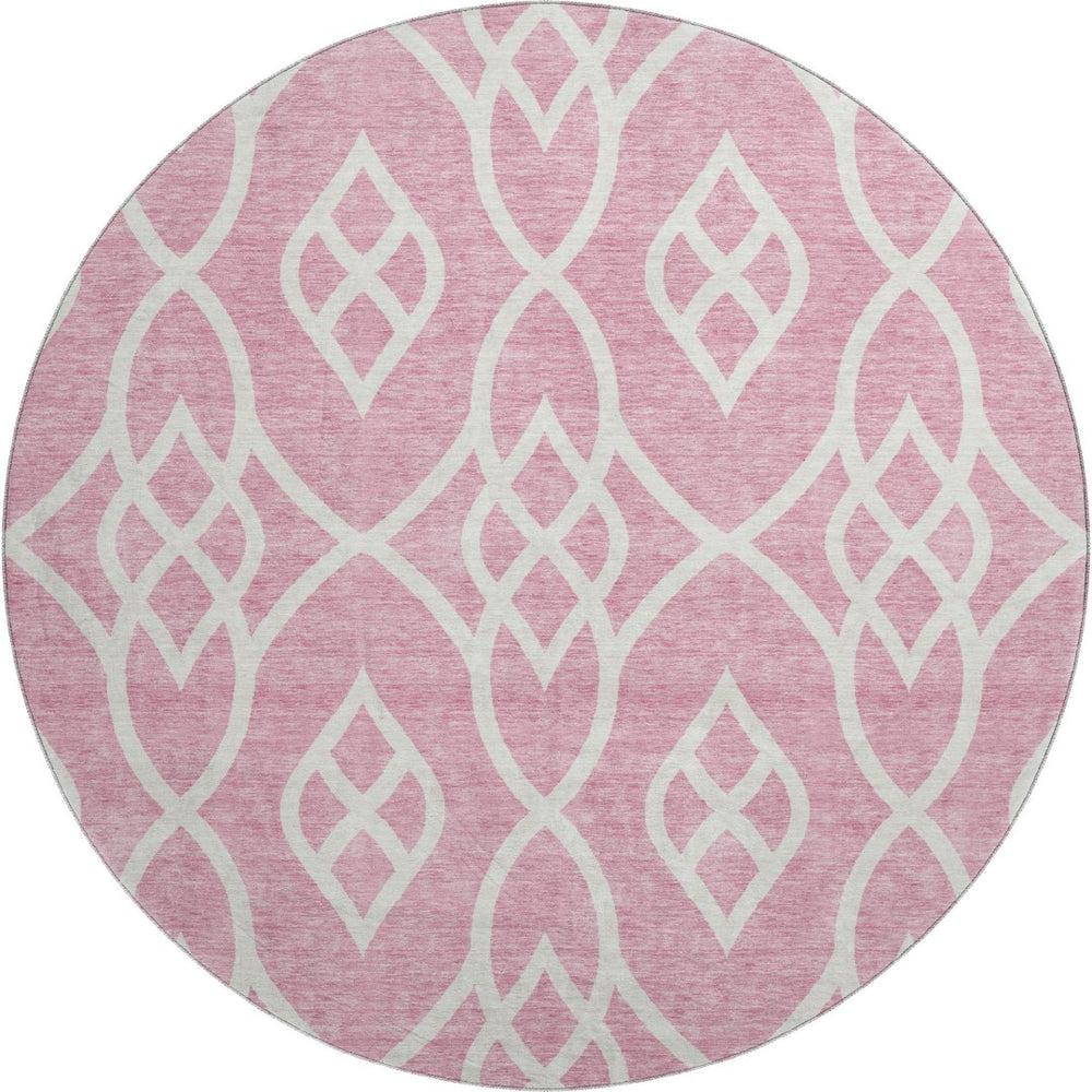 HomeRoots 8' Pink and Ivory Trellis Round Rug - Washable, Stain-Resistant, UV Protected for Stylish Living Spaces 670294