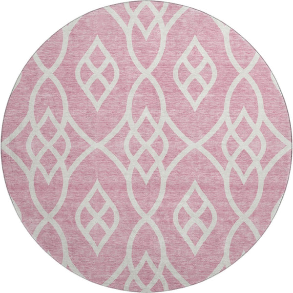 HomeRoots 8' Pink and Ivory Trellis Round Rug - Washable, Stain-Resistant, UV Protected for Stylish Living Spaces 670294