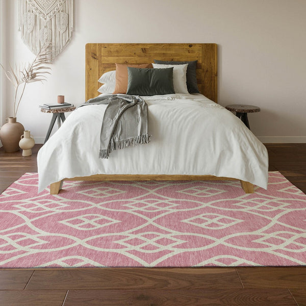HomeRoots 8' X 10' Pink and Ivory Trellis Area Rug with Stain Resistance and UV Protection for Versatile Living 670295