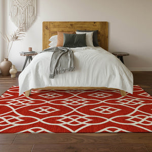 HomeRoots 5' Red and Ivory Trellis Area Rug - Washable, UV-Protected, Stain-Resistant for Homes with Kids & Pets 670299