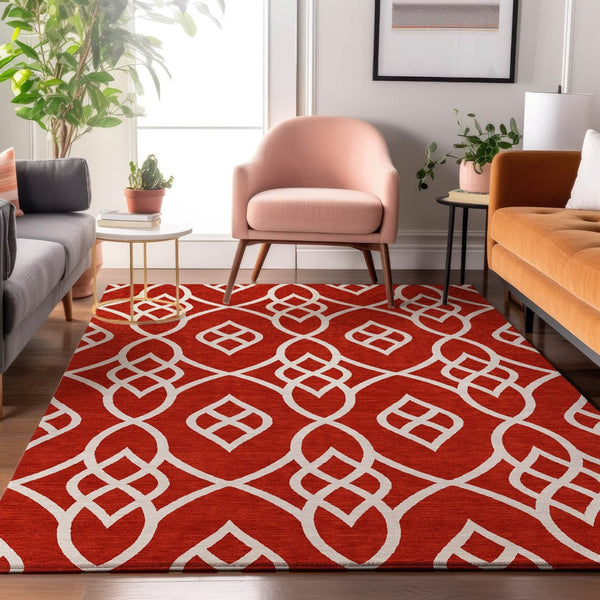 HomeRoots 8' X 10' Red and Ivory Trellis Washable Rug - Durable, Stain-Resistant, UV Protected for High-Traffic Areas 670301