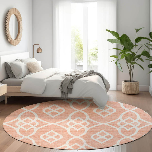 HomeRoots 8' Salmon and Ivory Trellis Round Rug – Durable, Washable, UV Protected for Stylish Living Spaces 670306