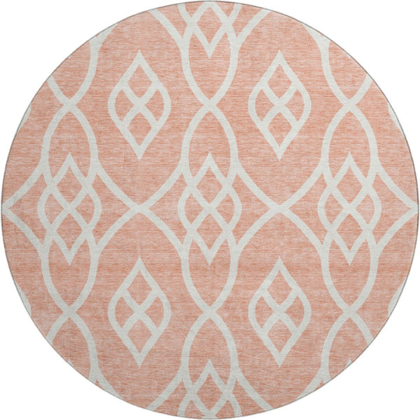 HomeRoots 8' Salmon and Ivory Trellis Round Rug – Durable, Washable, UV Protected for Stylish Living Spaces 670306