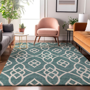 HomeRoots 5' X 8' Teal and Ivory Trellis Area Rug - Washable, UV Protected, Durable for High Traffic Homes 670317