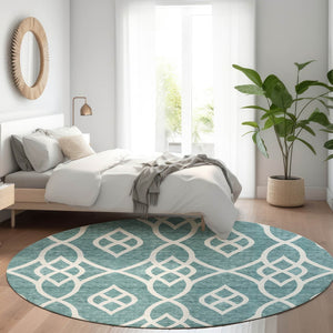 HomeRoots 8' Teal and Ivory Trellis Round Rug - Washable, UV Protected, Stylish Design for Indoor & Outdoor Use 670318