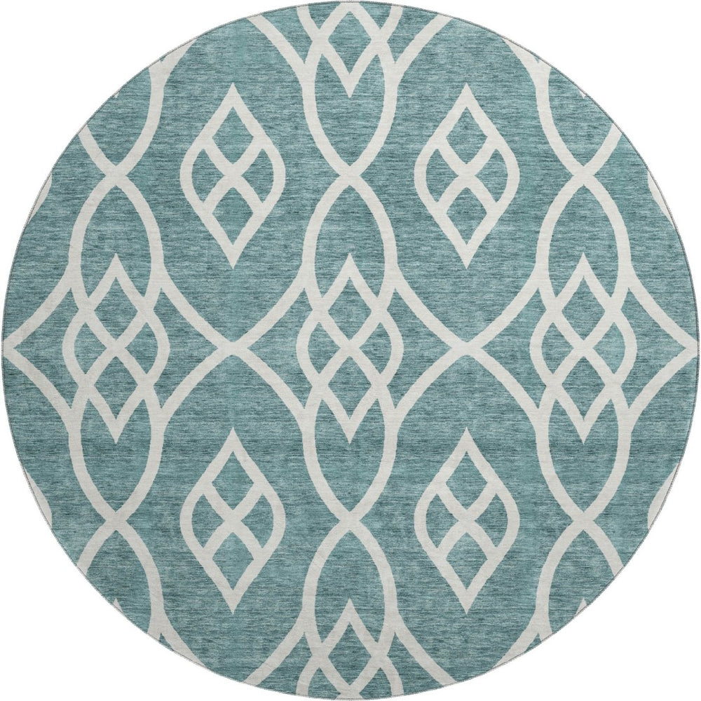 HomeRoots 8' Teal and Ivory Trellis Round Rug - Washable, UV Protected, Stylish Design for Indoor & Outdoor Use 670318