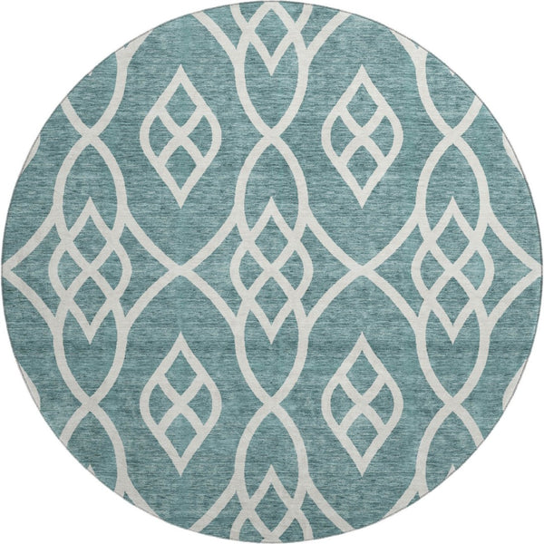 HomeRoots 8' Teal and Ivory Trellis Round Rug - Washable, UV Protected, Stylish Design for Indoor & Outdoor Use 670318