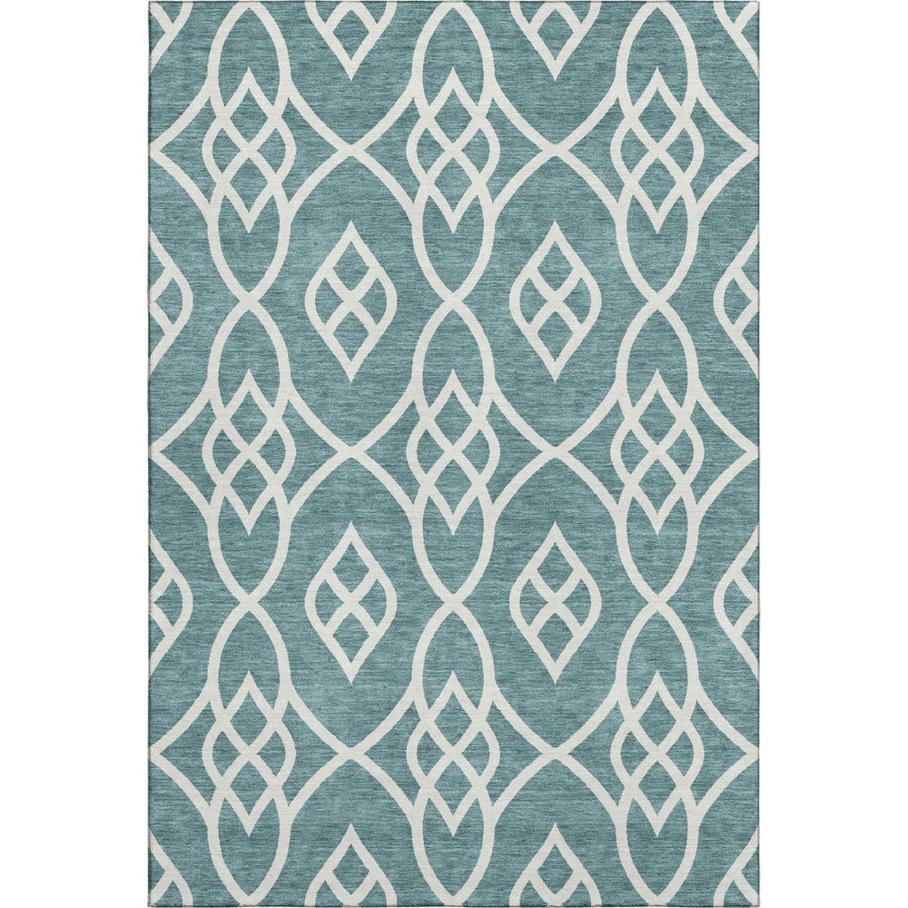 HomeRoots 8' X 10' Teal and Ivory Trellis Area Rug - Washable, UV-Protected, Family-Friendly & Stylish Design! 670319