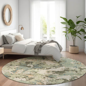 HomeRoots 8' Beige Gray and Blue Floral Washable Round Rug – UV Protected, Stain-Resistant, Easy Care Design 670324