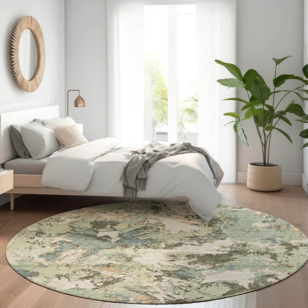 HomeRoots 8' Beige Gray and Blue Floral Washable Round Rug – UV Protected, Stain-Resistant, Easy Care Design 670324