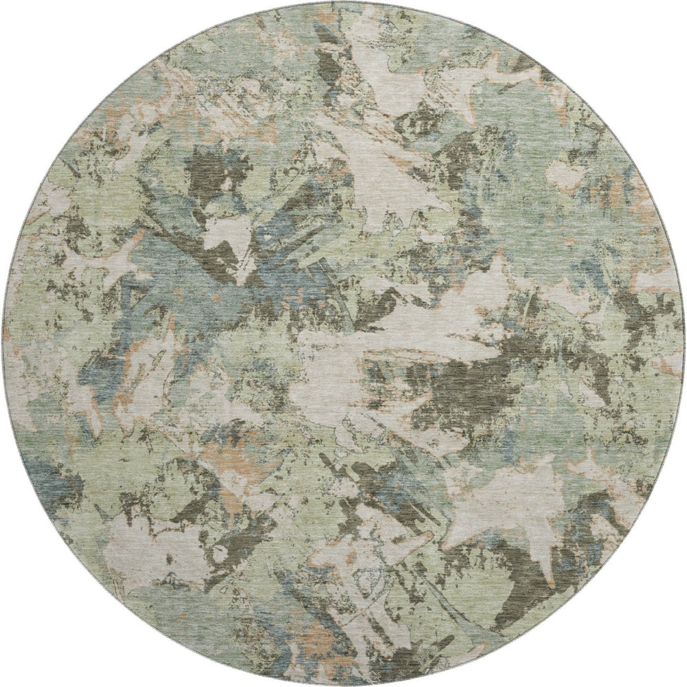 HomeRoots 8' Beige Gray and Blue Floral Washable Round Rug – UV Protected, Stain-Resistant, Easy Care Design 670324