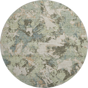 HomeRoots 8' Beige Gray and Blue Floral Washable Round Rug – UV Protected, Stain-Resistant, Easy Care Design 670324