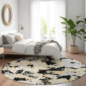 HomeRoots 8' Elegant Black, Gold & Gray Floral Washable Round Rug with UV Protection for All Spaces 670330