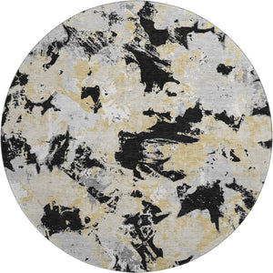 HomeRoots 8' Elegant Black, Gold & Gray Floral Washable Round Rug with UV Protection for All Spaces 670330