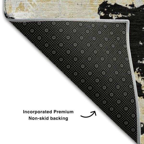 HomeRoots 8' Elegant Black, Gold & Gray Floral Washable Round Rug with UV Protection for All Spaces 670330
