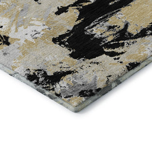 HomeRoots 8' Elegant Black, Gold & Gray Floral Washable Round Rug with UV Protection for All Spaces 670330