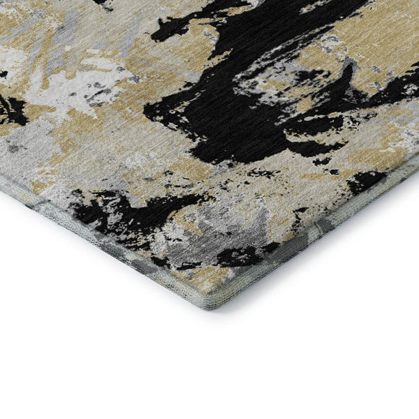 HomeRoots 8' Elegant Black, Gold & Gray Floral Washable Round Rug with UV Protection for All Spaces 670330