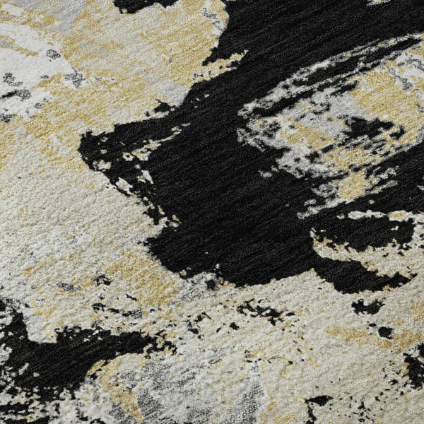 HomeRoots 8' Elegant Black, Gold & Gray Floral Washable Round Rug with UV Protection for All Spaces 670330