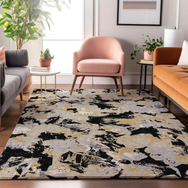 HomeRoots 10' Black Gold and Gray Floral Area Rug - Washable, UV-Protected, Durable Design for Any Space! 670333