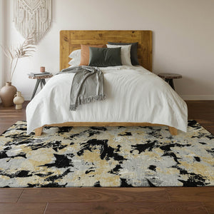 HomeRoots 10' Black Gold and Gray Floral Area Rug - Washable, UV-Protected, Durable Design for Any Space! 670333