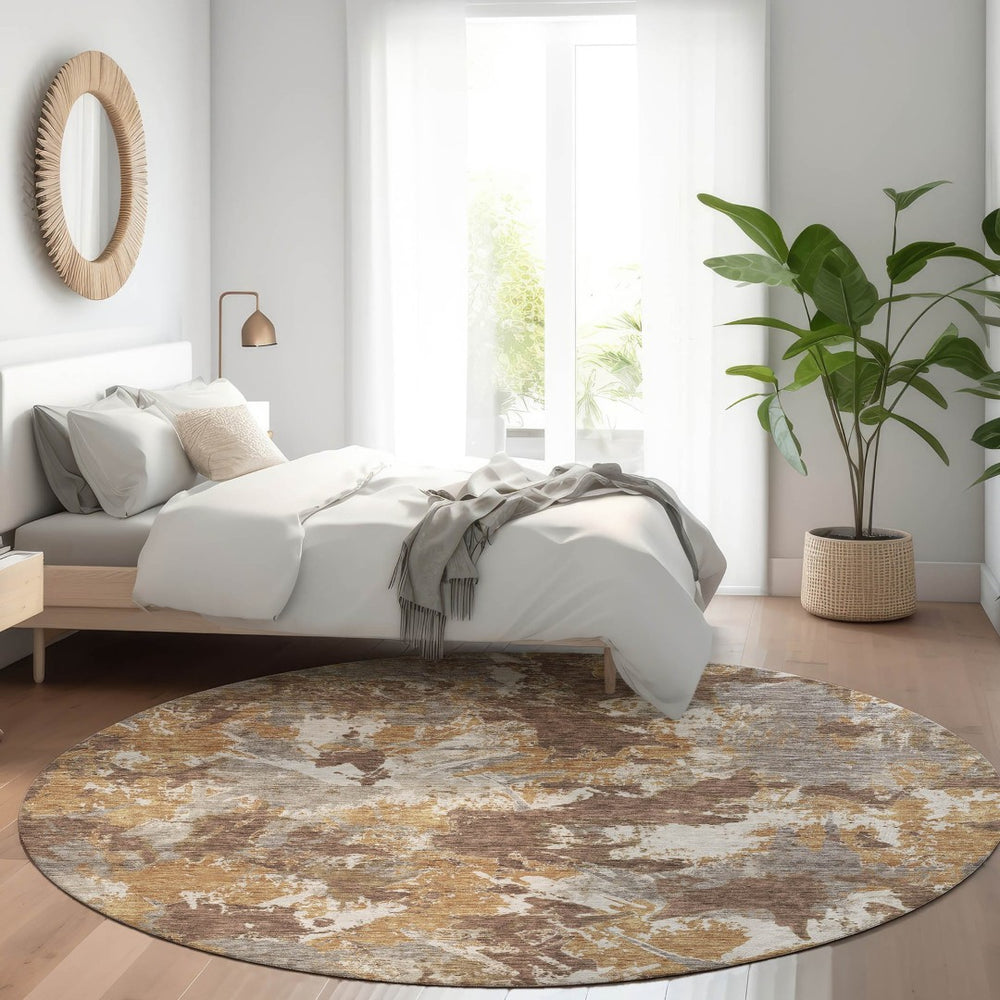 HomeRoots 8' Brown Taupe and Beige Floral Round Rug - Washable, UV Protected, Durable for Homes with Kids & Pets 670336