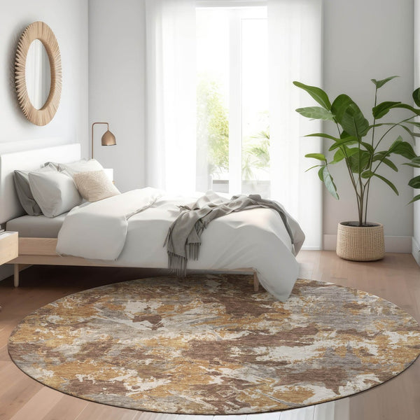 HomeRoots 8' Brown Taupe and Beige Floral Round Rug - Washable, UV Protected, Durable for Homes with Kids & Pets 670336