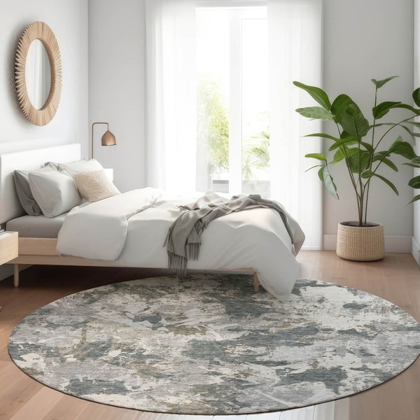 HomeRoots 8' Charcoal Gray & Silver Floral Round Rug – Washable, UV Protected, Perfect for High-Traffic Areas 670342