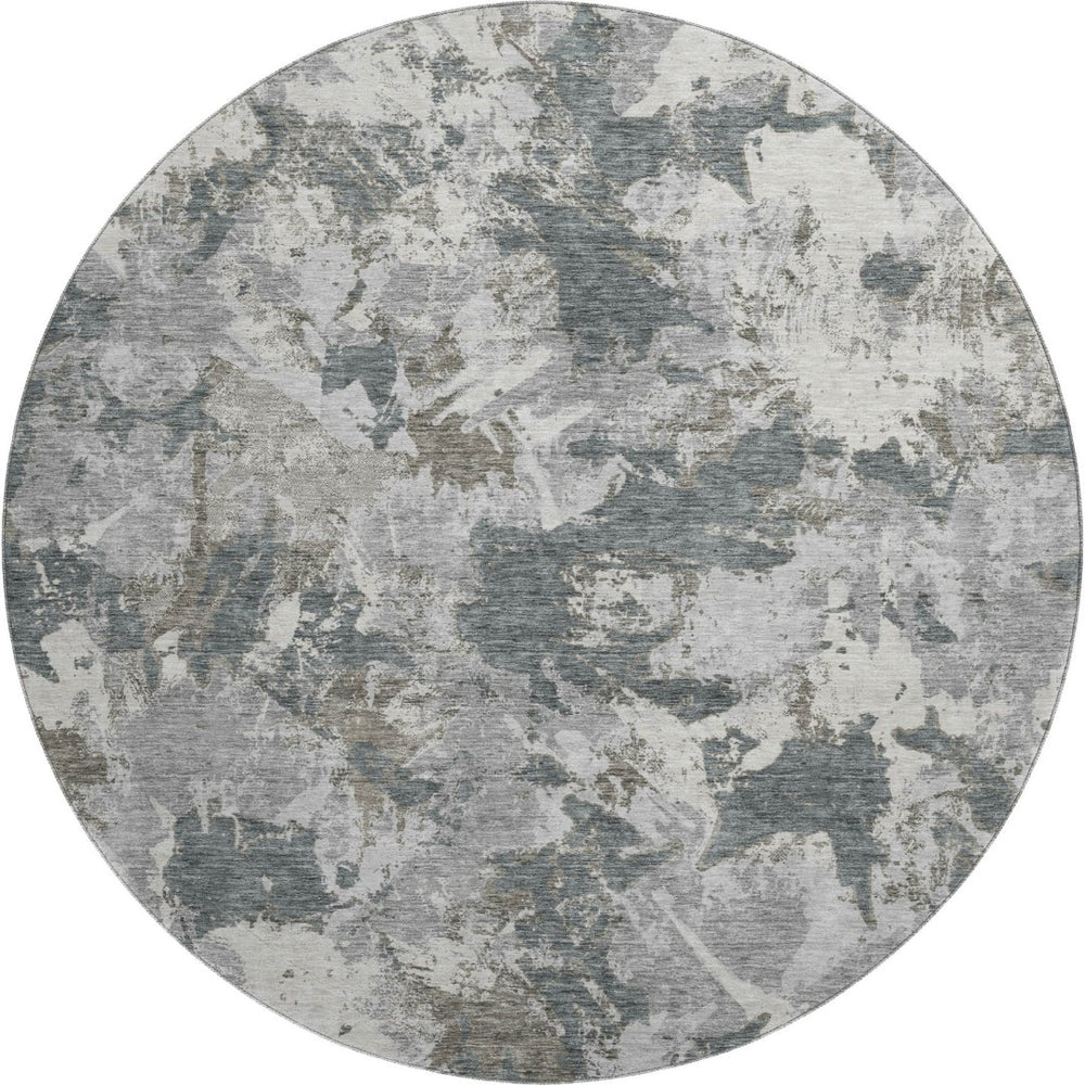 HomeRoots 8' Charcoal Gray & Silver Floral Round Rug – Washable, UV Protected, Perfect for High-Traffic Areas 670342
