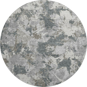 HomeRoots 8' Charcoal Gray & Silver Floral Round Rug – Washable, UV Protected, Perfect for High-Traffic Areas 670342